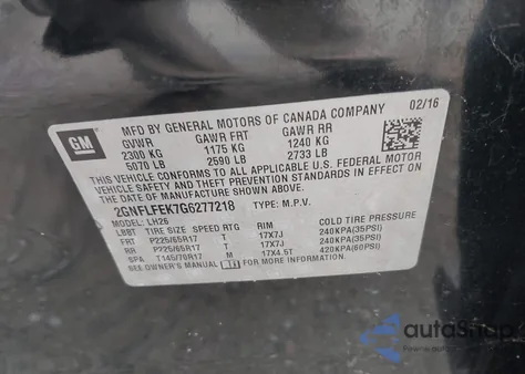 2016 Chevrolet Equinox Lt из США, поврежденный, VIN 2GNFLFEK7G6277218